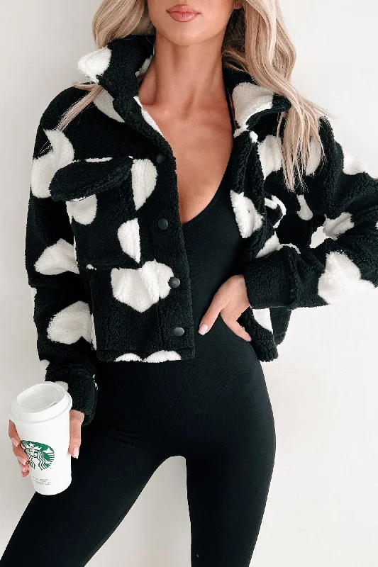 Let's Have A Heart To Heart Sherpa Jacket (Black) Appliqued Jacket Beaded Jacket Sequined Jacket