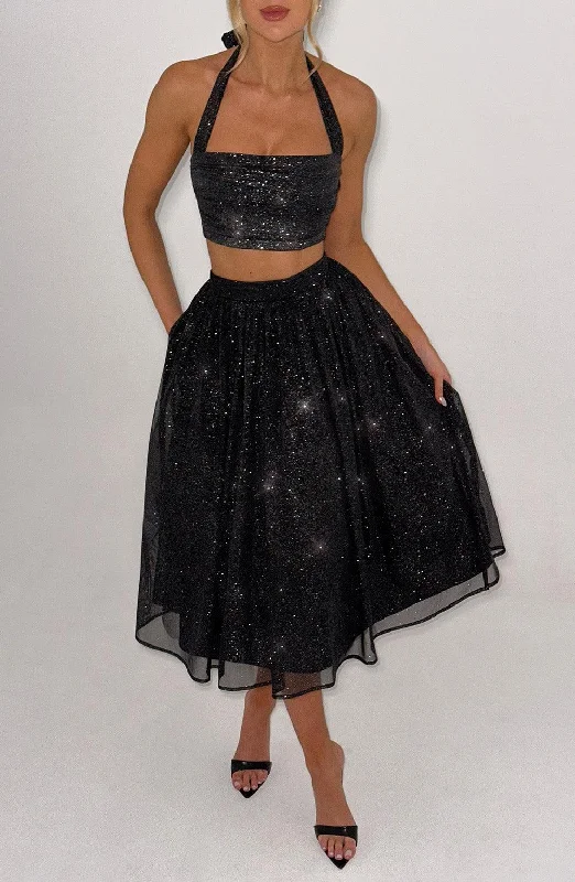 Alani Midi Skirt - Black Sparkle zip skirt side