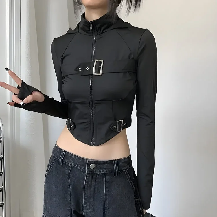 Cyberpunk Belted Zip-Up Crop Jacket Wool Jacket Cashmere Jacket Tweed Jacket