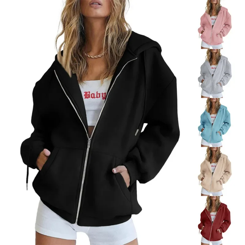 (Buy 1 Get 1) Women Casual Loose Zipper Long Sleeve Hooded Sweatshirt Jacket Front Pockets Side Pockets Patch Pockets (Buy 1 Get 1) Women Casual Loose Zipper Long Sleeve Hooded Sweatshirt Jacket Front Pockets Side Pockets Patch Pockets
