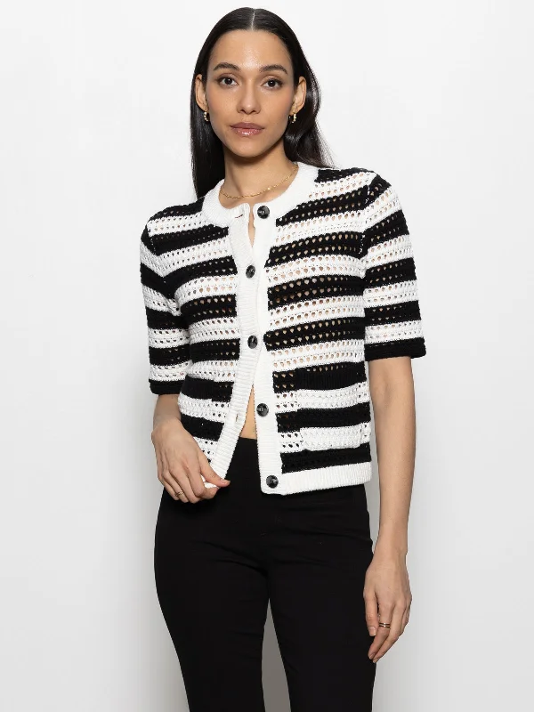 Open Knit Sweater Jacket Chalk / Black Stripe Hooded Caped Shawl Collar