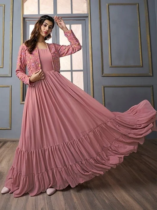A-line Maxi Ethnic Dress With Jacket V-Neck Jacket Boat Neck Jacket Square Neck Jacket A-line Maxi Ethnic Dress With Jacket V-Neck Jacket Boat Neck Jacket Square Neck Jacket