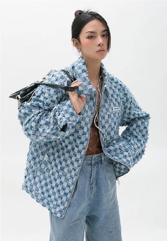 Y2K Checkered Zip Up Jacket Elasticated Jacket Padded Jacket Insulated Jacket