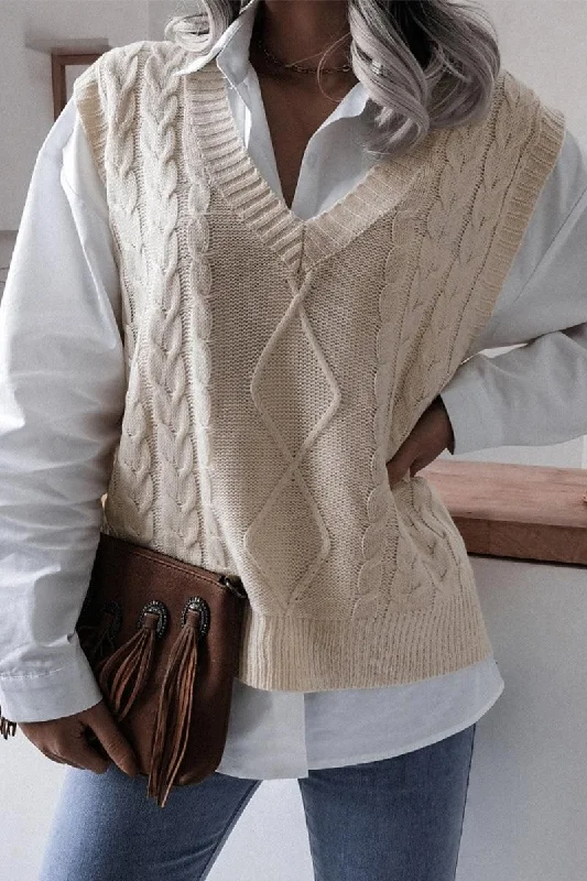 WOMEN CABLE KNIT V NECK VEST SWEATER Mesh Fabric Canvas Fabric Denim Fabric