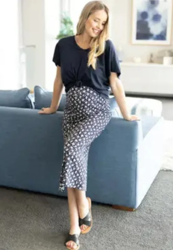 Fitted Maternity Maxi Skirt in Blue with Small White Leaf Print casual skirt length
