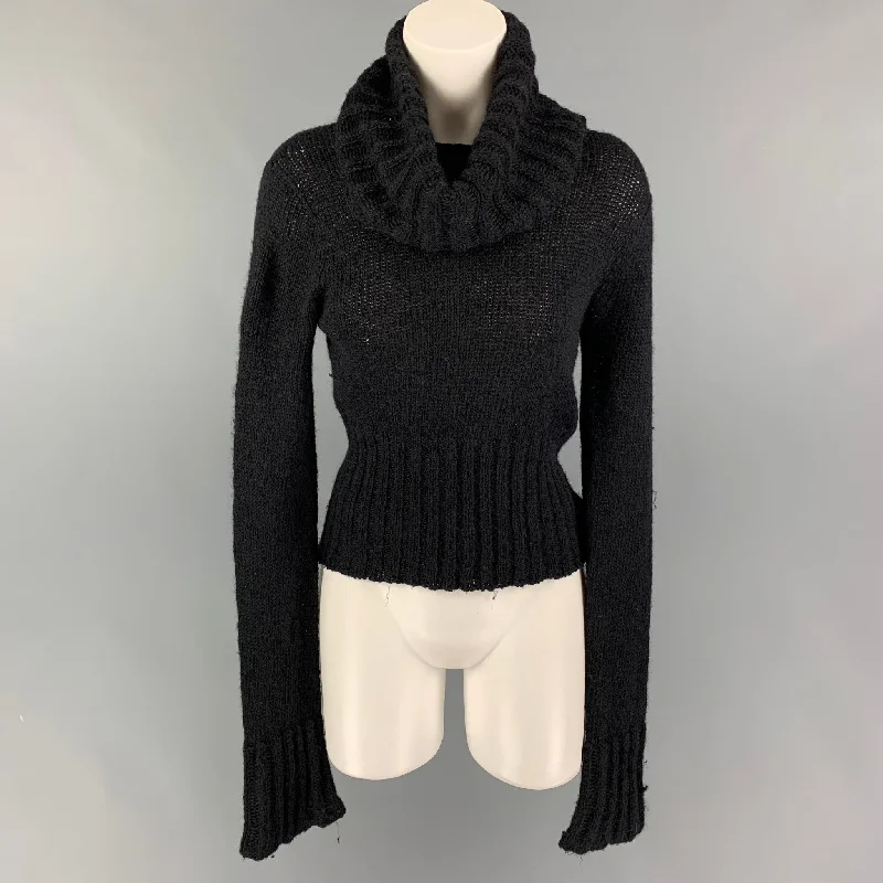 SPORTMAX Size M Black Nylon Mohair Turtleneck Sweater Chenille Brocade Lace