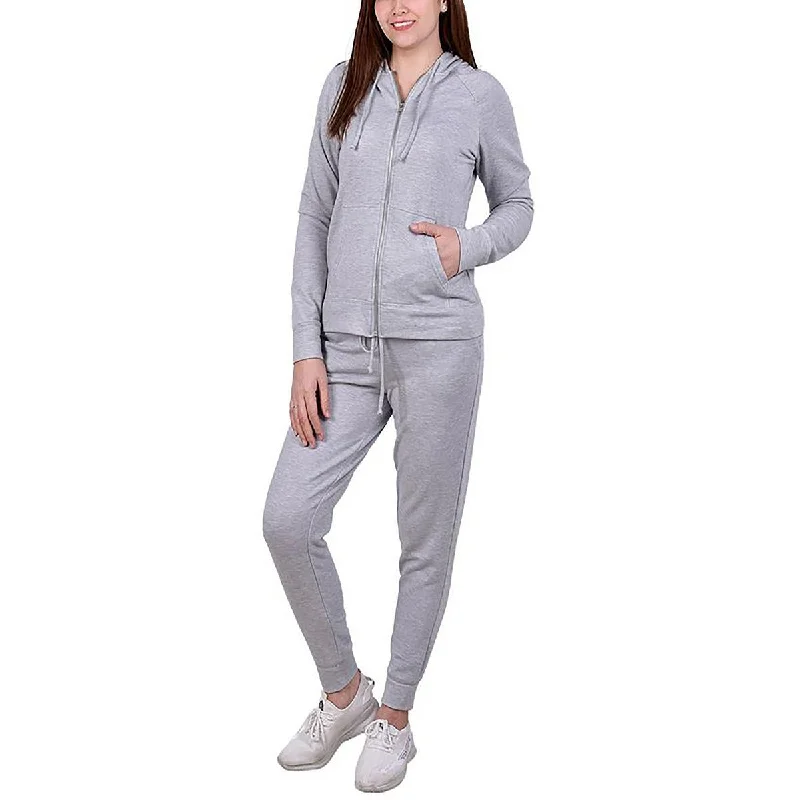 NY Collection Womens Petites Jogger Zip-up Sweater Activewear Set Herringbone Houndstooth Plaid