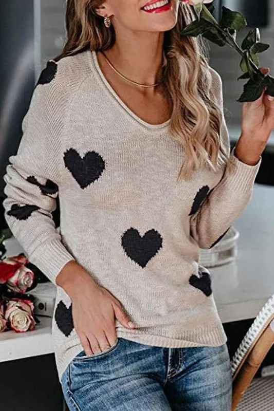 WOMEN HEART PRINTING LOOSE FIT KNIT SWEATER Boat Neck Shawl Collar Notched Collar