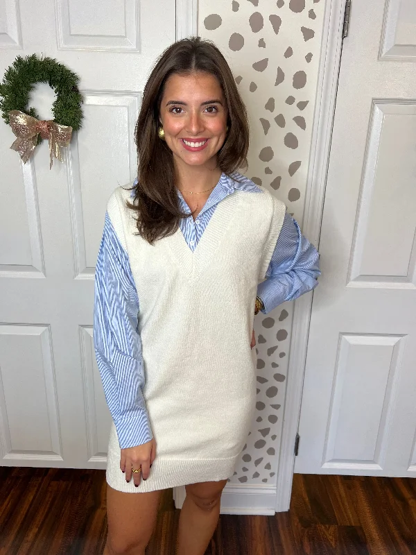 Cream/Blue Sweater Dress Modern Contemporary Chic