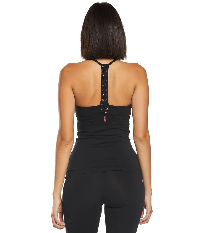 Hard Tail Back Laced Halter Support Tank Top Black