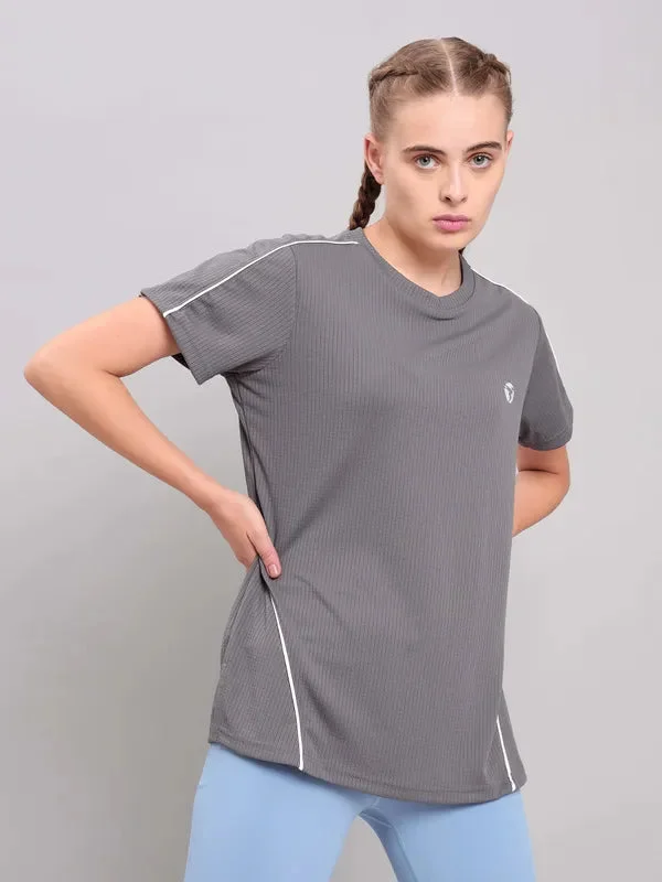 Women Self Design Slim Fit Crew Neck T-shirt with TECHNO COOL+