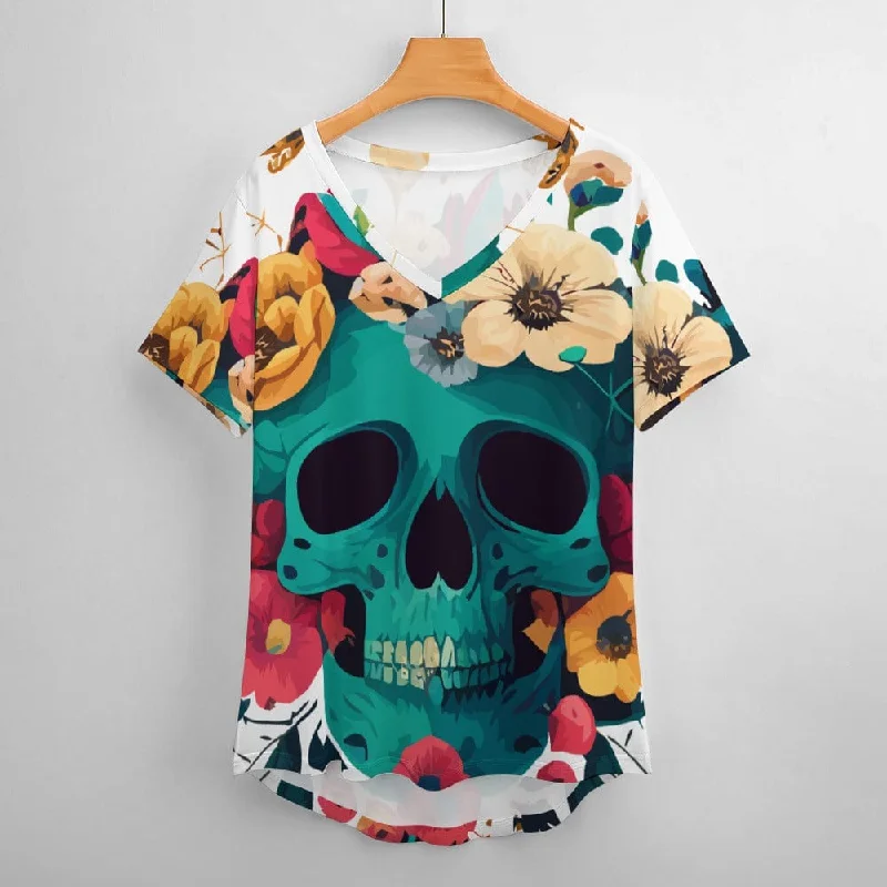 Ladies Blue Skull Floral V-Neck Loose Short Sleeve T-Shirt