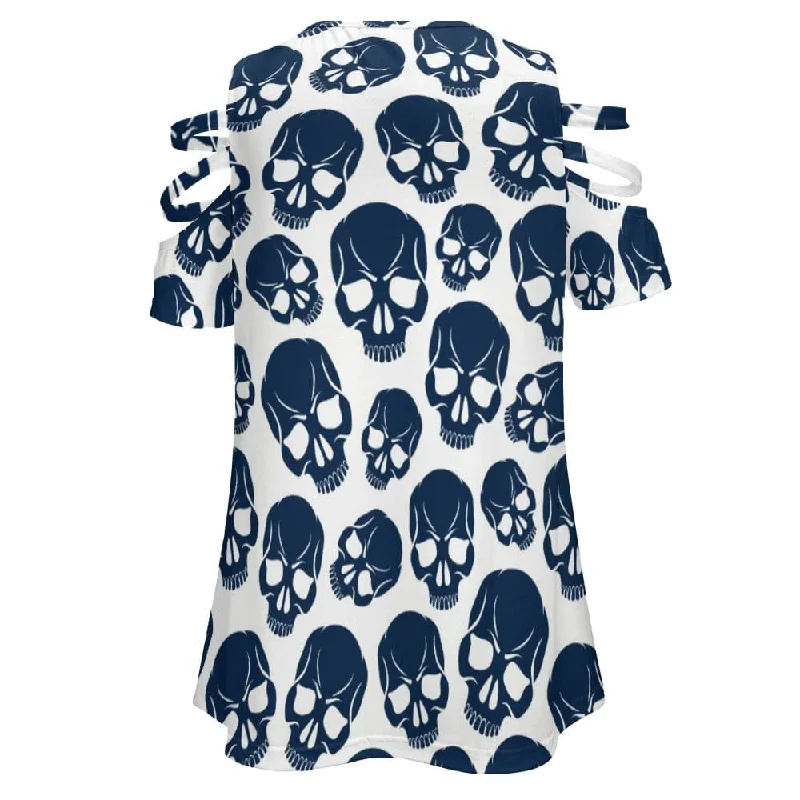 Ladies Blue Skulls Zip Off Shoulder Top