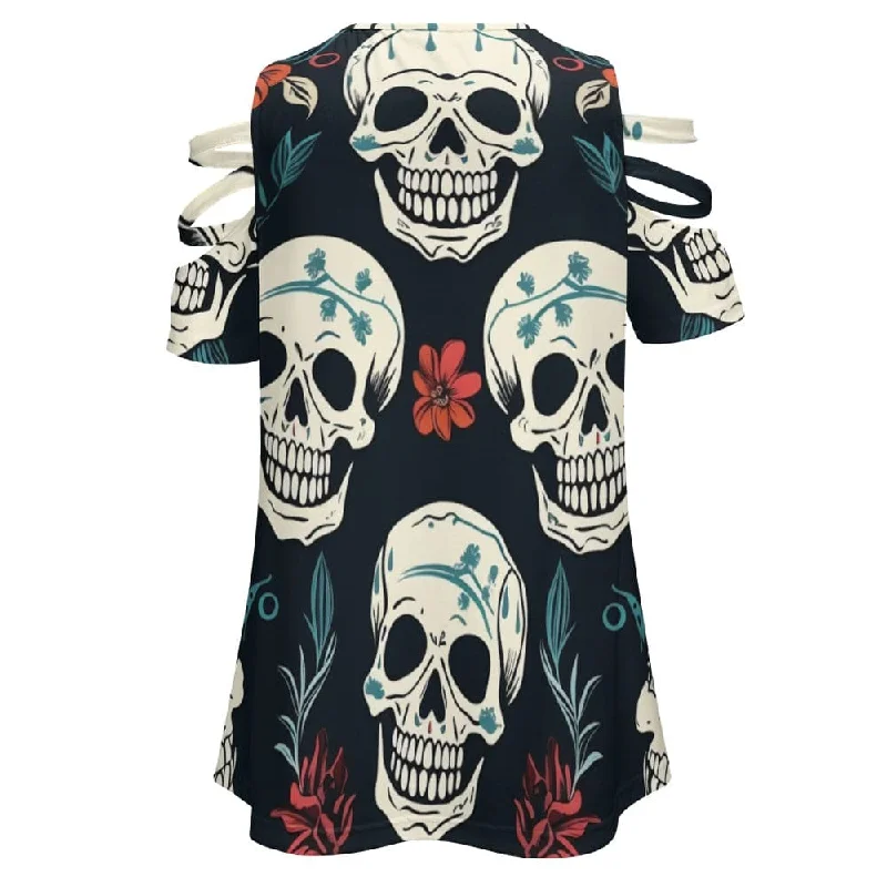 Ladies Skull Floral Zip V-Neck Off Shoulder Top