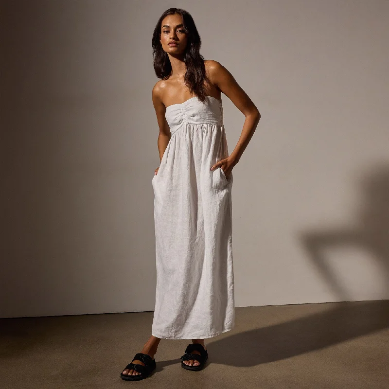 Linen Gathered Tube Dress - White