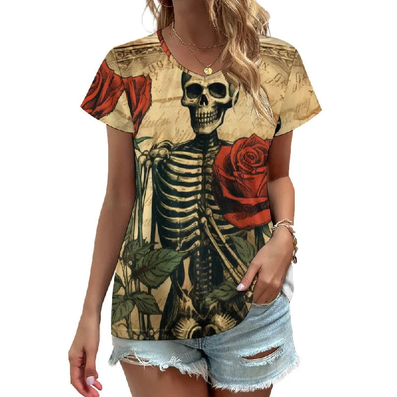 Vintage Skull & Roses V-neck Short Sleeve T-shirt