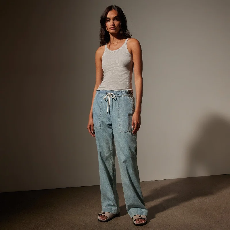 Wide Leg Pull On Denim Pant - Bleach Wash