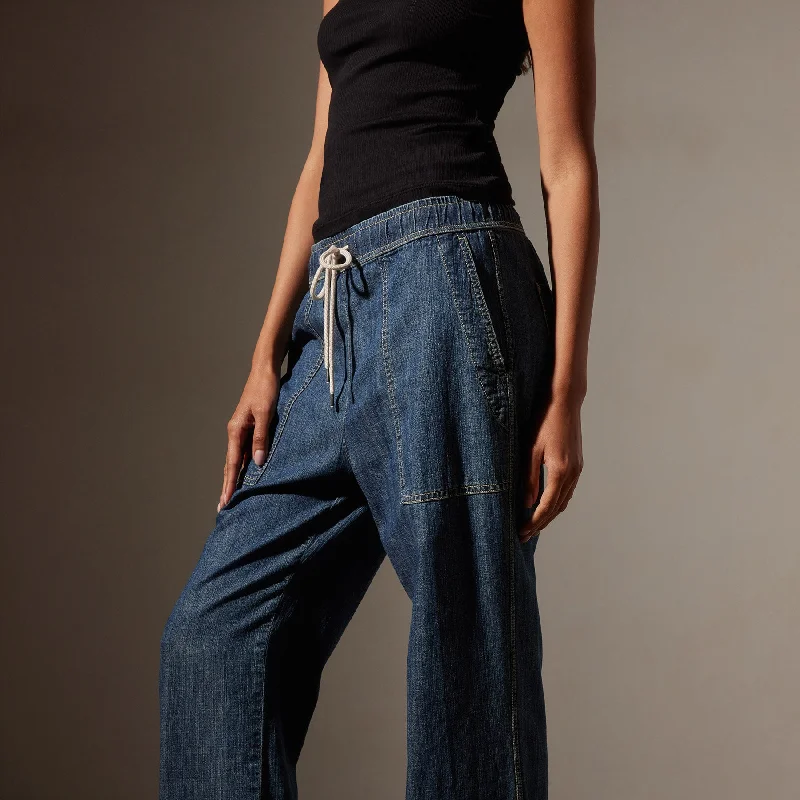 Wide Leg Pull On Denim Pant - Medium Wash