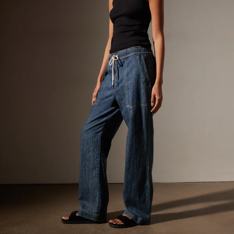 Wide Leg Pull On Denim Pant - Medium Wash