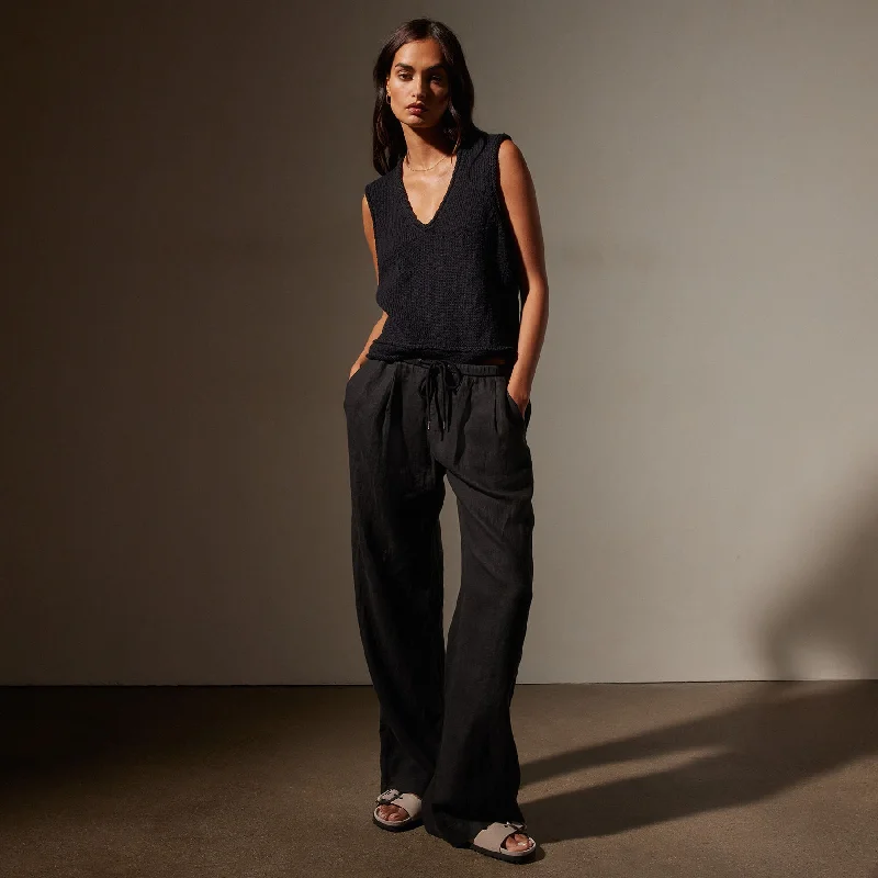 Wide Leg Relaxed Linen Pant - Black