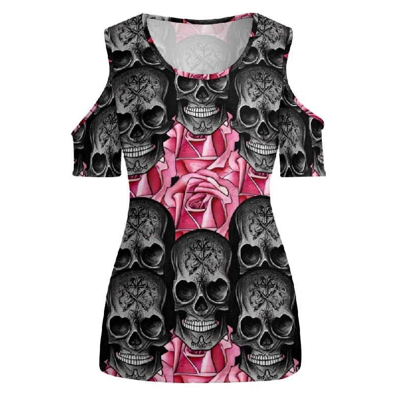 Women's Black Skulls Pink Flowers Open Shoulder U-neck Short Sleeve Top