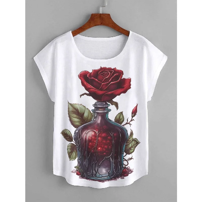 Women's Gothic Red Rose Curved Hem Shorts Sleeve T-shirt