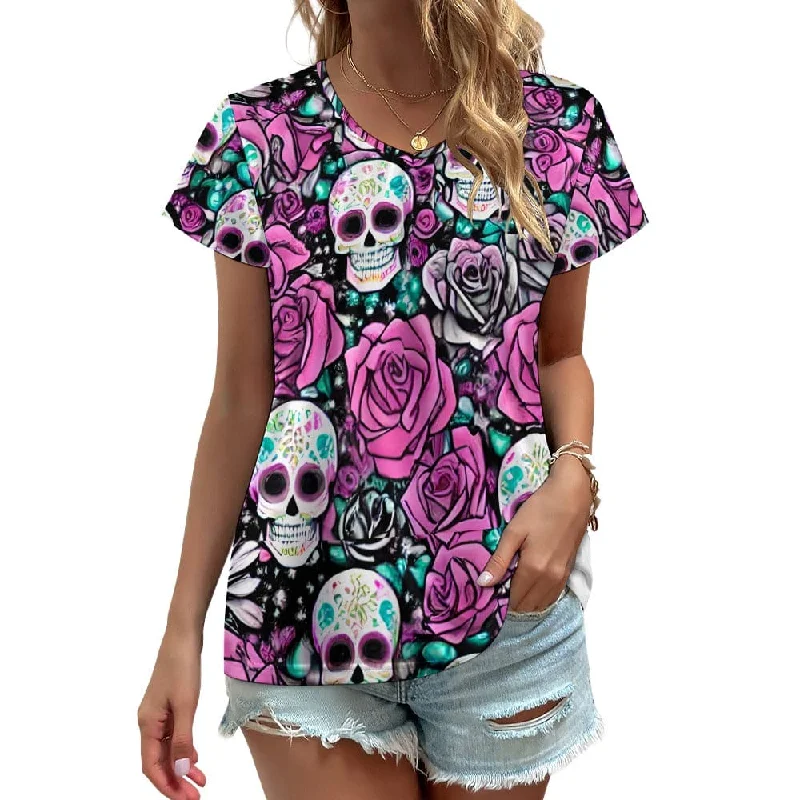 Womens Skull Pink Fkowers V-neck Short Sleeve T-shirt