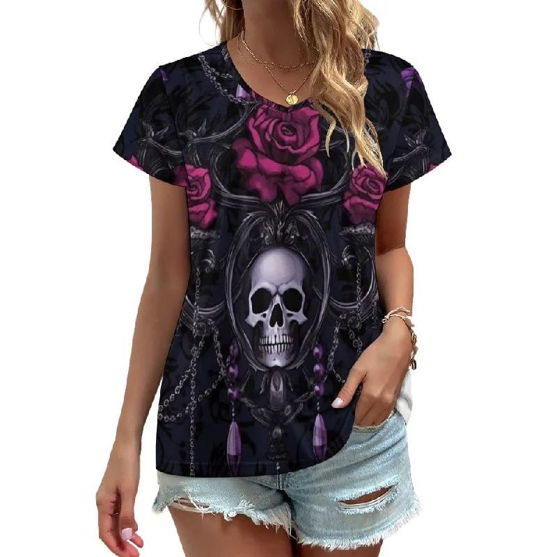 Women's Skull Roses V-neck Short Sleeve T-shirt