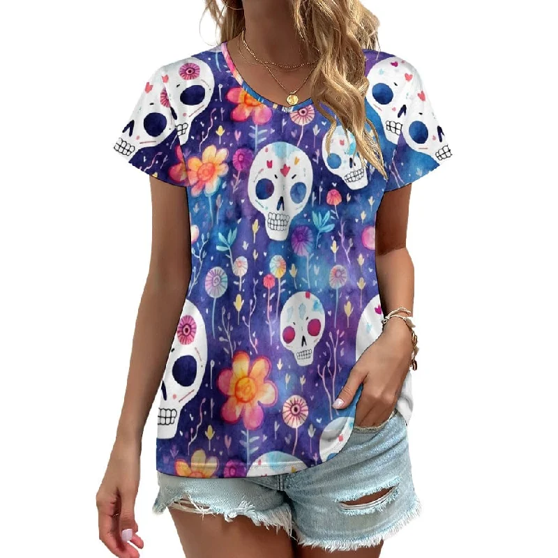 Women's Skulls and Flowers V-neck Short Sleeve T-shirt