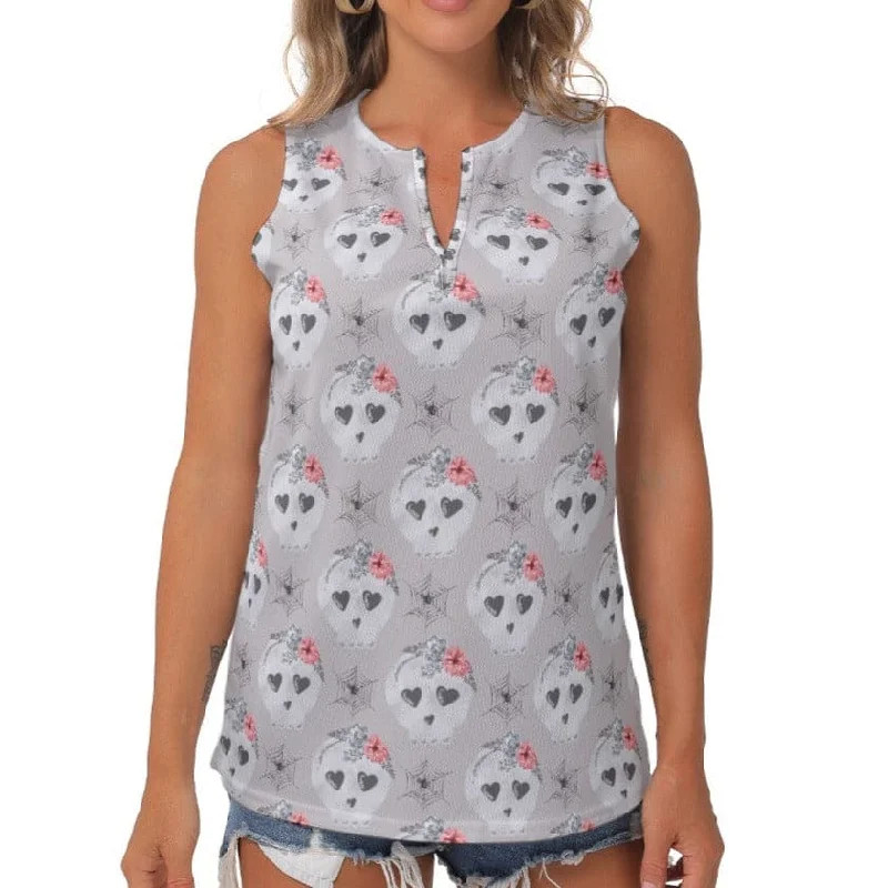 Women's Soft Purple Spider Webs & Skulls Sleeveless V-Neck Top