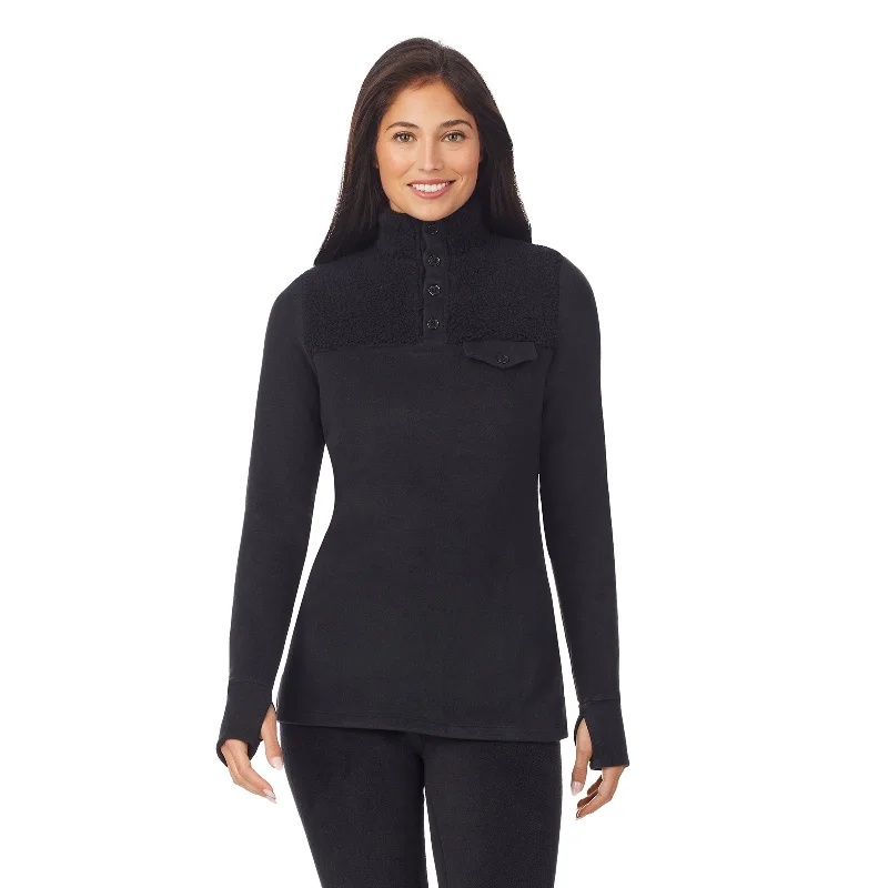 Fleecewear With Stretch Long Sleeve Mock Neck Henley With Sherpa