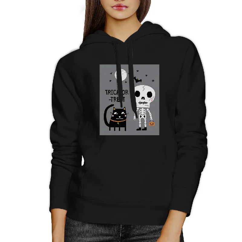 Trick-Or-Treat Skeleton Black Cat Black Hoodie