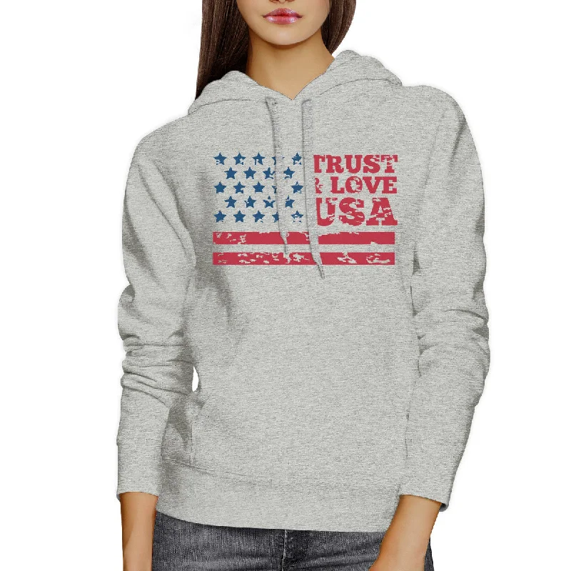 Trust & Love USA Unisex Grey Hoodie Crewneck Pullover Fleece Gift