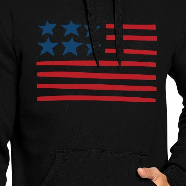 Unique USA Flag Hoodie Unisex Black Round Neck Pullover Fleece