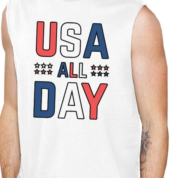 USA All Day Men White Cotton Muscle Top Cute 4th Of July Design Top