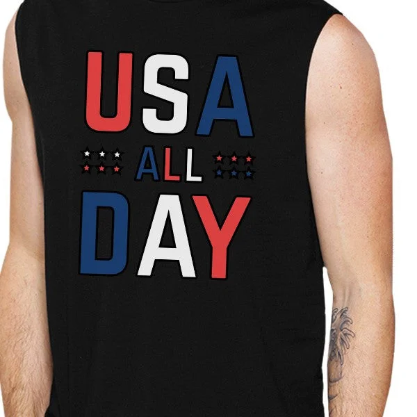 USA All Day Mens Black Sleeveless Muscle Tee Unique Workout Tanks