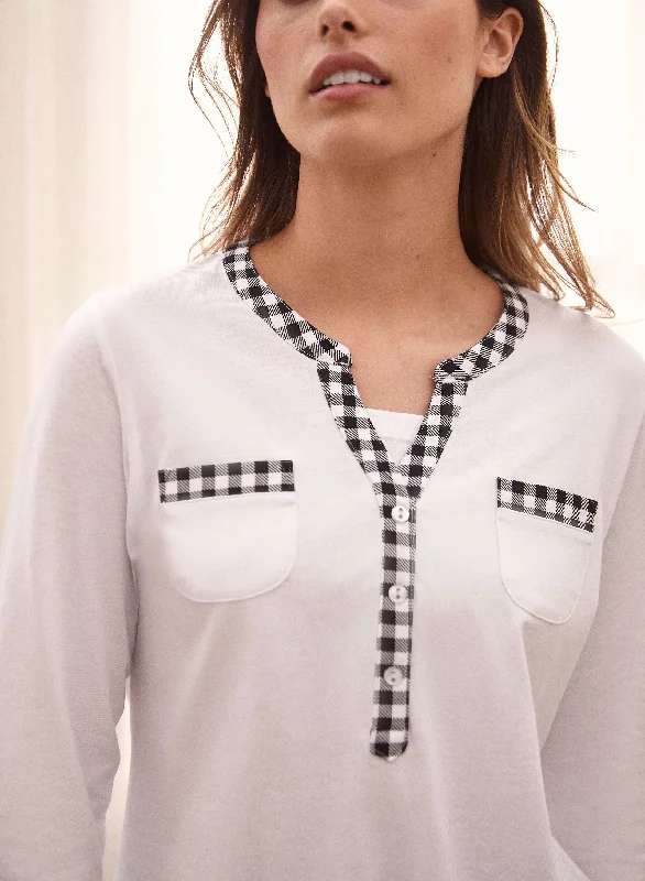 Checkered Print Trim Henley Top