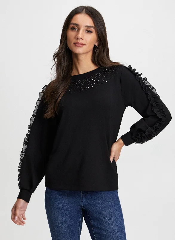 Ruffle Sleeve Rhinestone Embellished Top